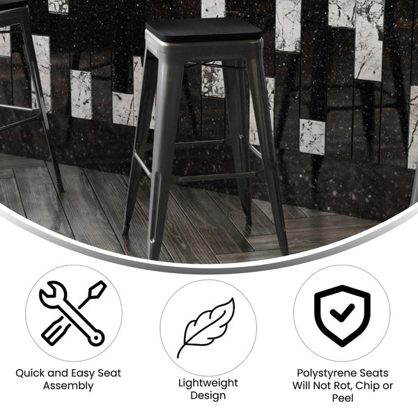 English Elm Commercial Grade Commercial Grade 30" High Backless Metal Indoor-Outdoor Barstool with Poly Resin Wood Seat