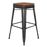 English Elm Commercial Grade Commercial Grade 30" High Backless Metal Indoor-Outdoor Barstool with Teak Poly Resin Wood Seat