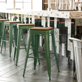 English Elm Commercial Grade Commercial Grade 30" High Backless Metal Indoor-Outdoor Barstool with Teak Poly Resin Wood Seat