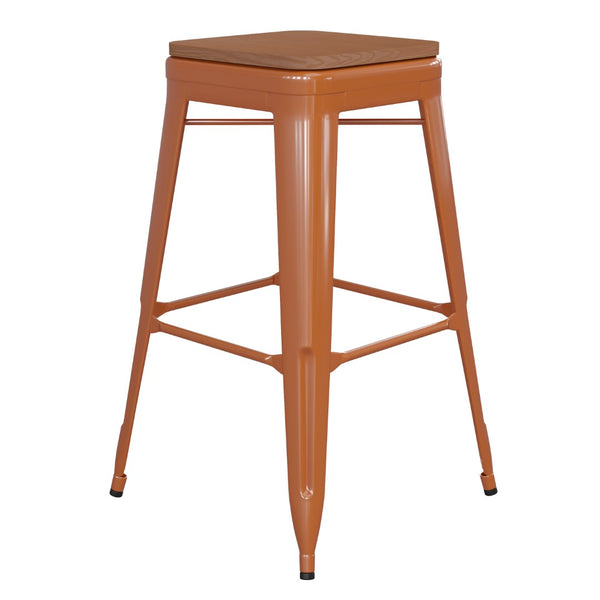 English Elm Commercial Grade Commercial Grade 30" High Backless Metal Indoor-Outdoor Barstool with Teak Poly Resin Wood Seat