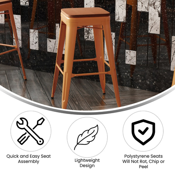 English Elm Commercial Grade Commercial Grade 30" High Backless Metal Indoor-Outdoor Barstool with Teak Poly Resin Wood Seat