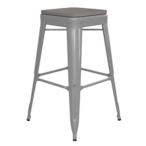 English Elm Commercial Grade Commercial Grade 30" High Backless Silver Metal Indoor-Outdoor Barstool with Poly Resin Wood Seat