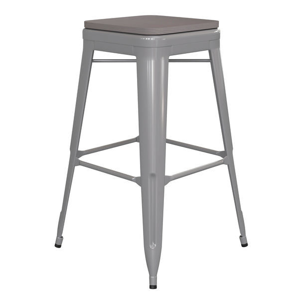 English Elm Commercial Grade Commercial Grade 30" High Backless Silver Metal Indoor-Outdoor Barstool with Poly Resin Wood Seat