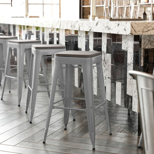 English Elm Commercial Grade Commercial Grade 30" High Backless Silver Metal Indoor-Outdoor Barstool with Poly Resin Wood Seat