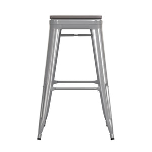 English Elm Commercial Grade Commercial Grade 30" High Backless Silver Metal Indoor-Outdoor Barstool with Poly Resin Wood Seat