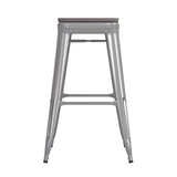 English Elm Commercial Grade Commercial Grade 30" High Backless Silver Metal Indoor-Outdoor Barstool with Poly Resin Wood Seat