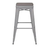 English Elm Commercial Grade Commercial Grade 30" High Backless Silver Metal Indoor-Outdoor Barstool with Poly Resin Wood Seat