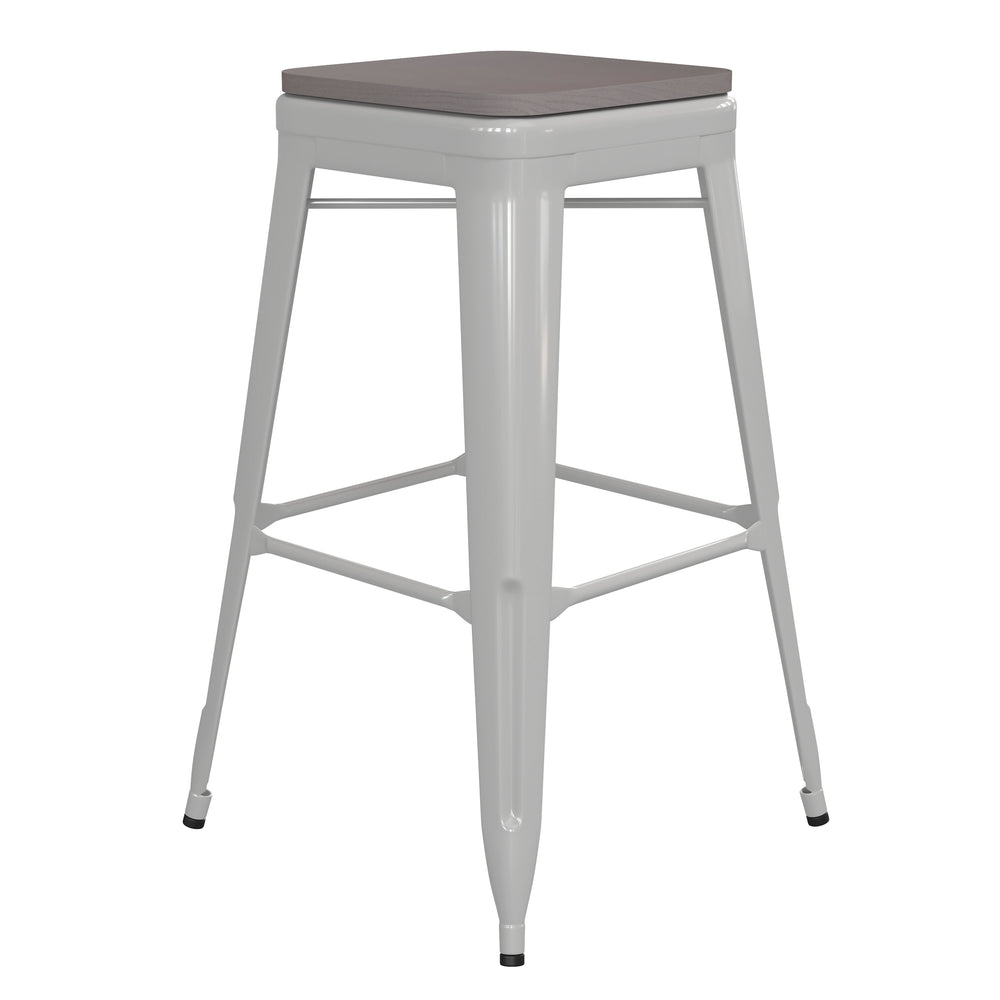 English Elm Commercial Grade Commercial Grade 30" High Backless Metal Indoor-Outdoor Barstool with Gray Poly Resin Wood Seat