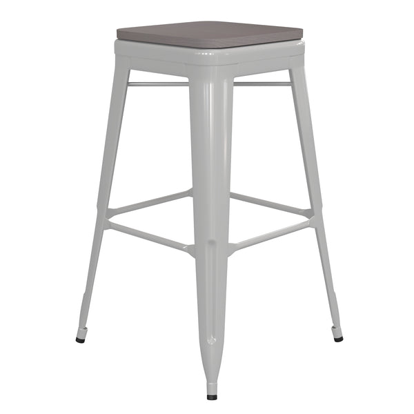 English Elm Commercial Grade Commercial Grade 30" High Backless Metal Indoor-Outdoor Barstool with Gray Poly Resin Wood Seat