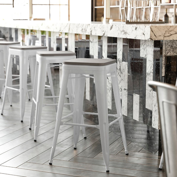 English Elm Commercial Grade Commercial Grade 30" High Backless Metal Indoor-Outdoor Barstool with Gray Poly Resin Wood Seat