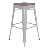 English Elm Commercial Grade Commercial Grade 30" High Backless Metal Indoor-Outdoor Barstool with Gray Poly Resin Wood Seat