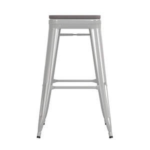 English Elm Commercial Grade Commercial Grade 30" High Backless Metal Indoor-Outdoor Barstool with Gray Poly Resin Wood Seat