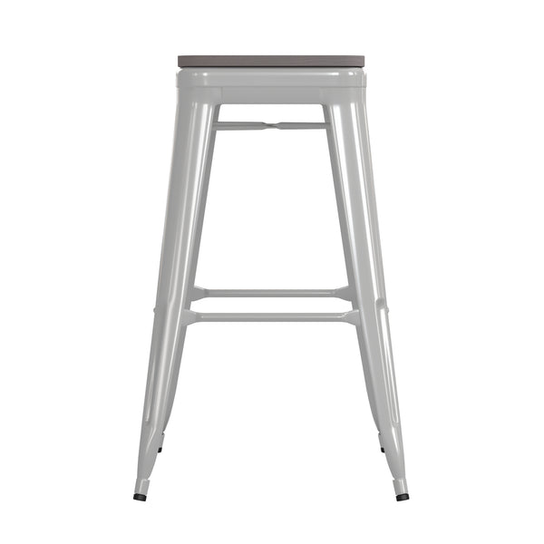 English Elm Commercial Grade Commercial Grade 30" High Backless Metal Indoor-Outdoor Barstool with Gray Poly Resin Wood Seat