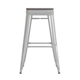 English Elm Commercial Grade Commercial Grade 30" High Backless Metal Indoor-Outdoor Barstool with Gray Poly Resin Wood Seat