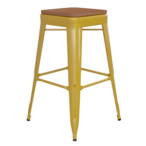 English Elm Commercial Grade Commercial Grade 30" High Backless Metal Indoor-Outdoor Barstool with Teak Poly Resin Wood Seat