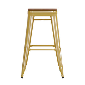 English Elm Commercial Grade Commercial Grade 30" High Backless Metal Indoor-Outdoor Barstool with Teak Poly Resin Wood Seat