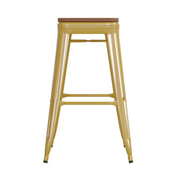 English Elm Commercial Grade Commercial Grade 30" High Backless Metal Indoor-Outdoor Barstool with Teak Poly Resin Wood Seat