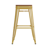 English Elm Commercial Grade Commercial Grade 30" High Backless Metal Indoor-Outdoor Barstool with Teak Poly Resin Wood Seat