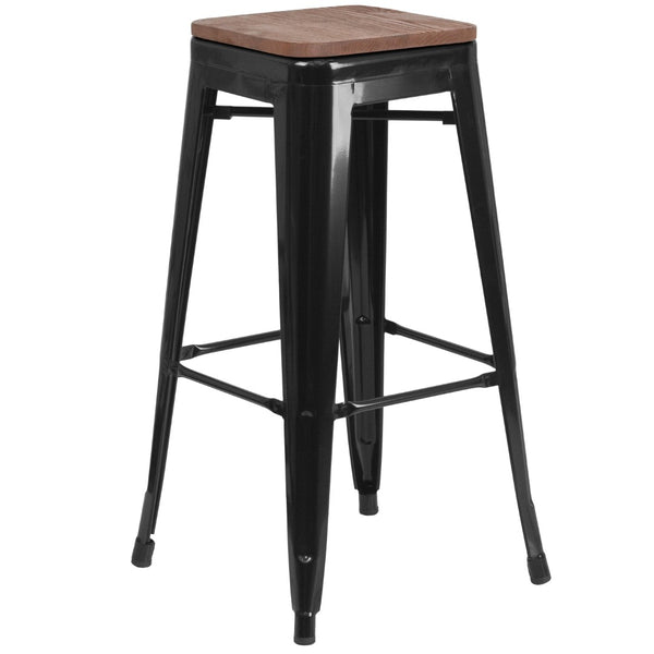 English Elm Commercial Grade 30" High Backless Metal Barstool with Square Wood Seat