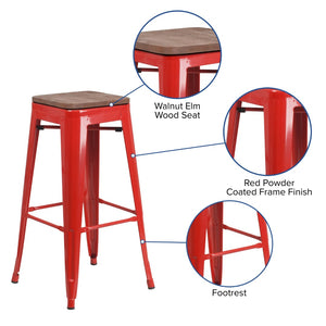 English Elm Commercial Grade 30" High Backless Metal Barstool with Square Wood Seat