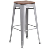 English Elm Commercial Grade 30" High Backless Metal Barstool with Square Wood Seat