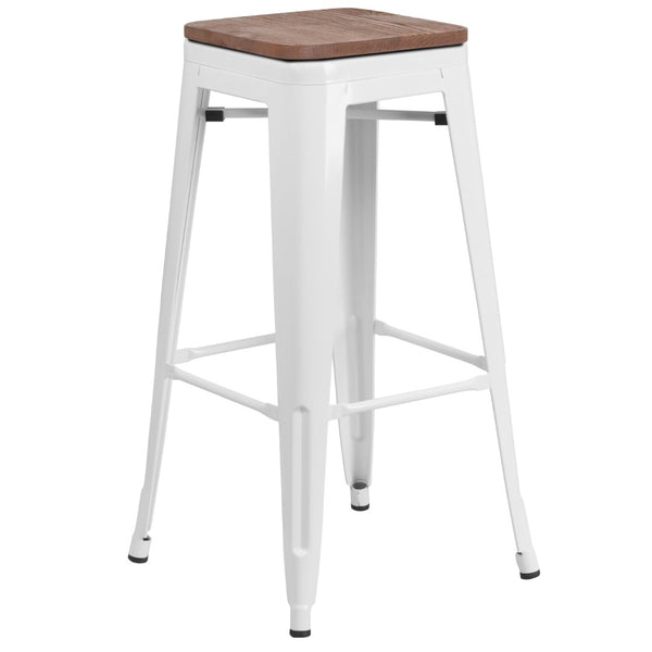 English Elm Commercial Grade 30" High Backless Metal Barstool with Square Wood Seat