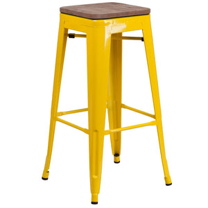 English Elm Commercial Grade 30" High Backless Metal Barstool with Square Wood Seat