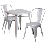 English Elm Commercial Grade Commercial Grade 23.75" Square Metal Indoor-Outdoor Table Set with 2 Stack Chairs