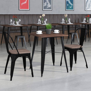 English Elm Commercial Grade 23.5" Square Metal Table Set with Wood Top and 2 Stack Chairs