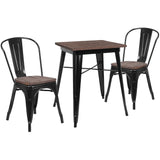 English Elm Commercial Grade 23.5" Square Metal Table Set with Wood Top and 2 Stack Chairs