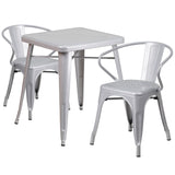 English Elm Commercial Grade Commercial Grade 23.75" Square Metal Indoor-Outdoor Table Set with 2 Arm Chairs