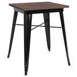 English Elm Commercial Grade 23.5" Square Metal Indoor Table with Walnut Rustic Wood Top