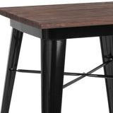 English Elm Commercial Grade 23.5" Square Metal Indoor Table with Walnut Rustic Wood Top