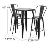 English Elm Commercial Grade Commercial Grade 23.75" Square Metal Indoor-Outdoor Bar Table Set with 2 Stools with Backs