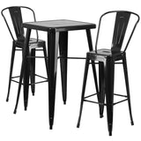 English Elm Commercial Grade Commercial Grade 23.75" Square Metal Indoor-Outdoor Bar Table Set with 2 Stools with Backs