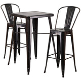 English Elm Commercial Grade Commercial Grade 23.75" Square Metal Indoor-Outdoor Bar Table Set with 2 Stools with Backs