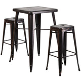 English Elm Commercial Grade Commercial Grade 23.75" Square Metal Indoor-Outdoor Bar Table Set with 2 Square Seat Backless Stools