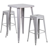 English Elm Commercial Grade Commercial Grade 23.75" Square Metal Indoor-Outdoor Bar Table Set with 2 Square Seat Backless Stools