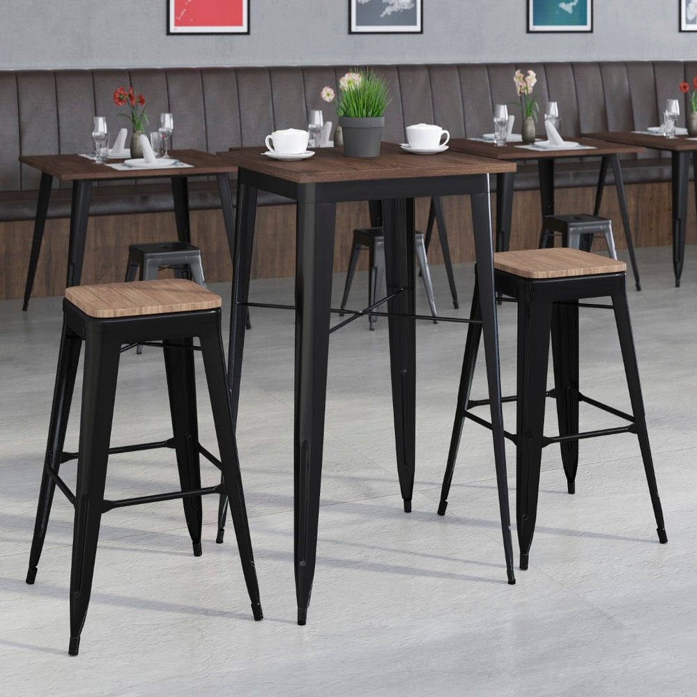 English Elm Commercial Grade 23.5" Square Metal Bar Table Set with Wood Top and 2 Backless Stools