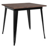 English Elm Commercial Grade 31.5" Square Metal Indoor Table with Walnut Rustic Wood Top