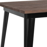 English Elm Commercial Grade 31.5" Square Metal Indoor Table with Walnut Rustic Wood Top