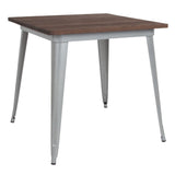 English Elm Commercial Grade 31.5" Square Metal Indoor Table with Walnut Rustic Wood Top