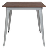 English Elm Commercial Grade 31.5" Square Metal Indoor Table with Walnut Rustic Wood Top