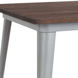 English Elm Commercial Grade 31.5" Square Metal Indoor Table with Walnut Rustic Wood Top