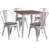 English Elm Commercial Grade 31.5" Square Metal Table Set with Wood Top and 4 Stack Chairs