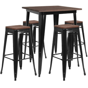 English Elm Commercial Grade 31.5" Square Metal Bar Table Set with Wood Top and 4 Backless Stools