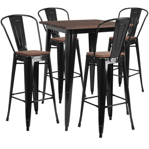 English Elm Commercial Grade 31.5" Square Metal Bar Table Set with Wood Top and 4 Stools