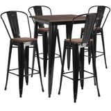 English Elm Commercial Grade 31.5" Square Metal Bar Table Set with Wood Top and 4 Stools