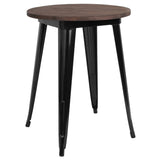 English Elm Commercial Grade 24" Round Metal Indoor Table with Walnut Rustic Wood Top