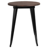 English Elm Commercial Grade 24" Round Metal Indoor Table with Walnut Rustic Wood Top